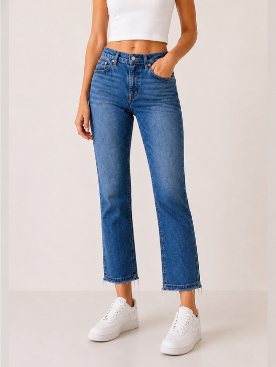 Frame Denim Denim - FRAME Le High Straight Jeans Whitway Wash Frayed Hem Blue Size 26 Minimalist